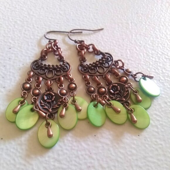 SouthWestern ~ Coastal Cowgirl! Chandelier Dangle Earrings! Copper & Aqua Shell - Picture 11 of 12